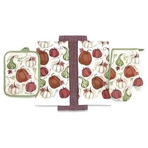 Serafina Home Farmhouse Fall Decor Kitchen Towels and Pot Holder Set: Colorful Wine Red Green Burnt Orange and White Pumpkins
