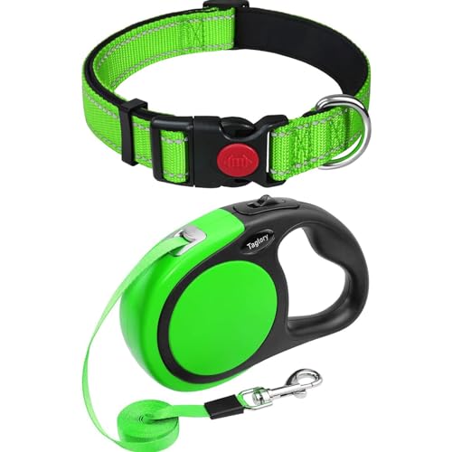 Taglory 8"-12" inches Dog Collar and 16FT Retractable Dog Leash Set, No Tangle Dog Leash Retractable, Adjustable Reflective Dog Collar with Safety Locking Buckle for Puppy Dogs
