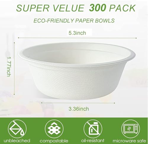 LNYBJS 300 Pack Disposable Paper Bowls 12 OZ Compostable Paper Bowls Bulk Biodegradable Soup Bowls Made of Natural Bagasse, Heavy-duty Bowls Perfect for Milk Cereals, Snacks, Salads