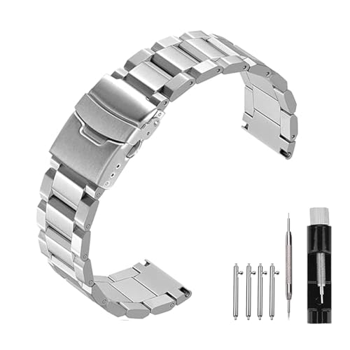 Kai Tian Solid Double Locks Correa de reloj de acero inoxidable, acabado cepillado, correa de repuesto de metal para hombre y mujer, 18 mm, 20 mm, 22 mm, 24 mm, negro y plateado, 21mm, Acero