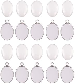 PandaHall Elite 20pcs Bezel Pendant Blanks Settings with 20pcs Oval Pendant Trays Bezel Blanks and 20pcs Glass Cabochons Clear Dome for Photo Jewellery Making, 18x13mm