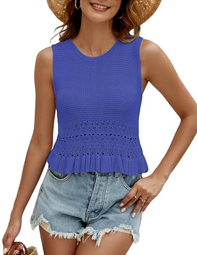 Image of VIMPUNEC Womens Crochet Crop Tank Tops Sleeveless Knit Sweater Vest Ruffle Hem Summer Top
