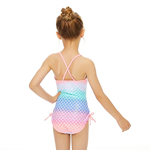 Jimmy Baha·mas Girls 1 Piece Sport Swimsuits With Cross Back Strap Colorful Fish Scales Print And Two Cute Bow Decorations #TOP5