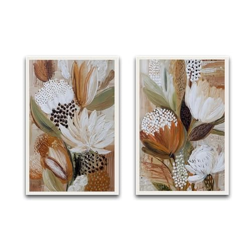 Textured Floral Wall Art Set of 2 Modern Boho Exotic Protea Flowers Impasto Brushstroke Earthy Neutral Tones for Home Living Room Bedroom Kitchen Warm Rustic Interior Decor Accent 16x24 Inch Unframed