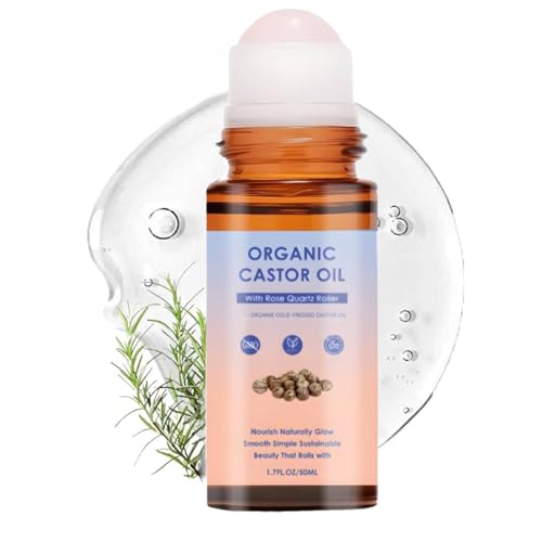 Image of Organic Castor Oil Rose Quartz Roller Ball, Organic Castor Oil with Rose Quartz Roller, Non-Greasy, Refreshing Texture, Gently Nourishes Skin, for Radiant Skin, Lush Hair