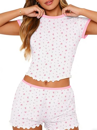 Image of Dressmine Cute Pjs Pajama Sets for Women Sexy 2 Piece Spring Pajamas Lounge Sleep Set Long Sleeve Shorts Sleepwear