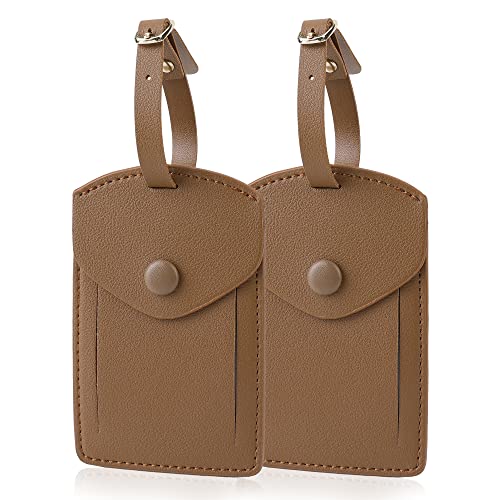 Kevancho Leather Smart Luggage Tags For Men Women, Suitcase Labels Baggage Tote Bag Tag Id Tags With Full Back Privacy Cover For Carnival Cruise Ships, Away Travel Accessories Tags Set Of 2 Pcs (Tan) #TOP2