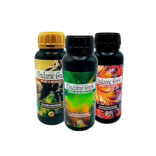 Madame Grow – Kit Dallas – Fertilizantes Orgánicos – Refuerza la Nutrición, Estimula la Floración y Favorece el Metabolismo – Sweet Lolita, Bone & Muscle y Jamaican Bloom – 3 x 500 ml c/u