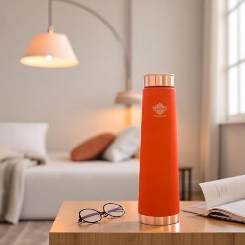 Image of INDIAN ART VILLA Pure Copper Orange Pyramid Ombre Silk Finish Bottle - 800 ML, Ayurvedic Health Benefits, Ideal for Home, Office, Gym & Travel
