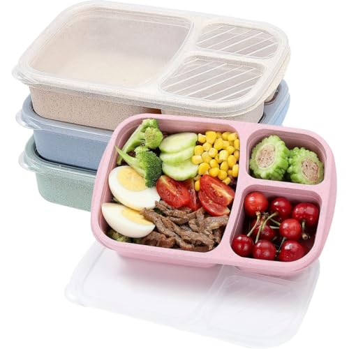 Dlwk 弁当箱 4個セット 仕切り付き 麦わら素材 プラスチック 容器 電子レンジ対応 食洗機対応 冷凍保存 タッパー 弁当 作り置き 弁当容器 ランチボックス 軽量 持ち運び便利 3仕切り 食品保存 多用途 家庭用 学校用 (4個,ピンク+ ブルー+グ