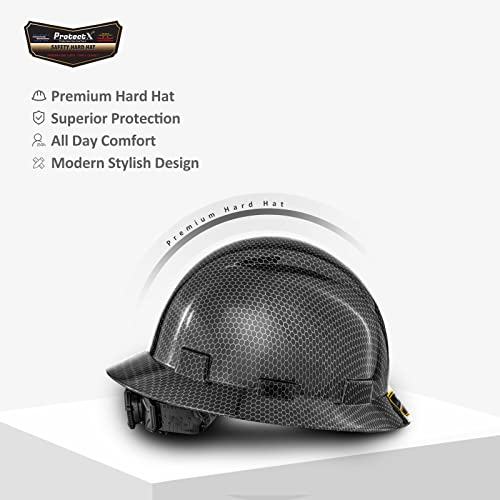 Protectx Premium Full Brim Hard Hat, Cascos De Construccion For Safety, 6-Point Adjustable Ratchet Suspension, Black Honeycomb, Osha/Ansi Compliant #TOP3