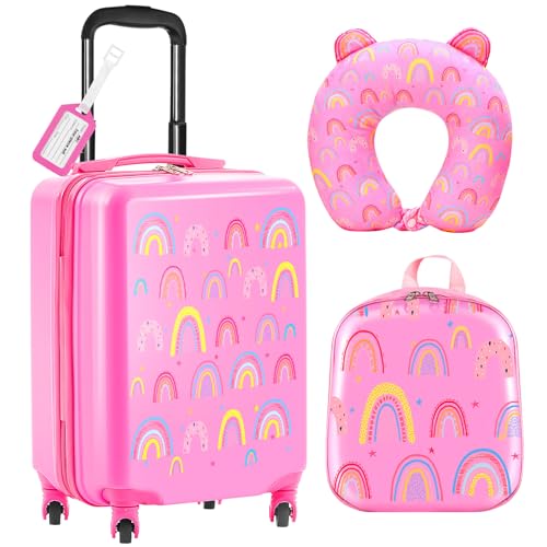 Sanwuta 4 Pcs Kids Luggage Set Carry On Rolling Suitcase Backpack Neck Pillow Travel Set Gift for Girls Boys Summer Camp(20 Inch,Rainbow Style,Pink) by Sanwuta - Used condition - US$80.65