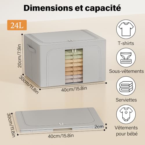GoMaihe 3 pièces Sac de Rangement Vetement 72L: Boîte de Rangement Pliable - Housse Rangement Couette Organisateur de Placard, Sac Rangement Vetement avec Cadre Métallique - Empilables (Gris,24L) – vue 4