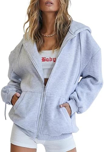 Trendy Queen Hoodies for Women Fall Clothes 2022 Zip up Oversized Sweatshirt Fleece Jackets Long Sleeve Comfy Winter Clothes Teen Girls Fashion Cute Y2K Tops with Pocket Grey