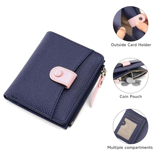 SENDEFN Small Wallet Women Leather RFID Blocking Bifold Zipper Pocket Card Holder with ID Window3