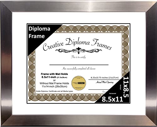 Creative Picture Frames 8.5X11 Carnegie Stainless Steel Finish Diploma Frame With White Mat Glass Easel And Installed Wall Hangers | Frame Holds 11X14 Media Without Mat #TOP23