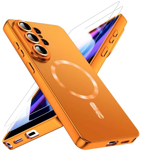 QiiStar Magnetic for Samsung Galaxy S26 Ultra Case with 2* Screen Protector & Full Camera Cover [Compatible with MagSafe] Luxury Metallic Glossy Women Girls Phone Case for Galaxy S 26 Ultra,Orange