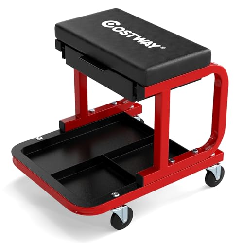 GOOPLUS Taburete de Taller con Ruedas, Taburete de Mecánico con Asiento Acolchado, Cajón Extensible, Bandeja para Herramientas, Ruedas Giratorias 360°, Silla de Trabajo, Carga 185 kg (Negro) GOOPLUS Taburete de Taller con Ruedas, Taburete de Mecánico con Asiento Acolchado, Cajón Extensible, Bandeja para Herramientas, Ruedas Giratorias 360°, Silla de Trabajo, Carga 185 kg (Negro)