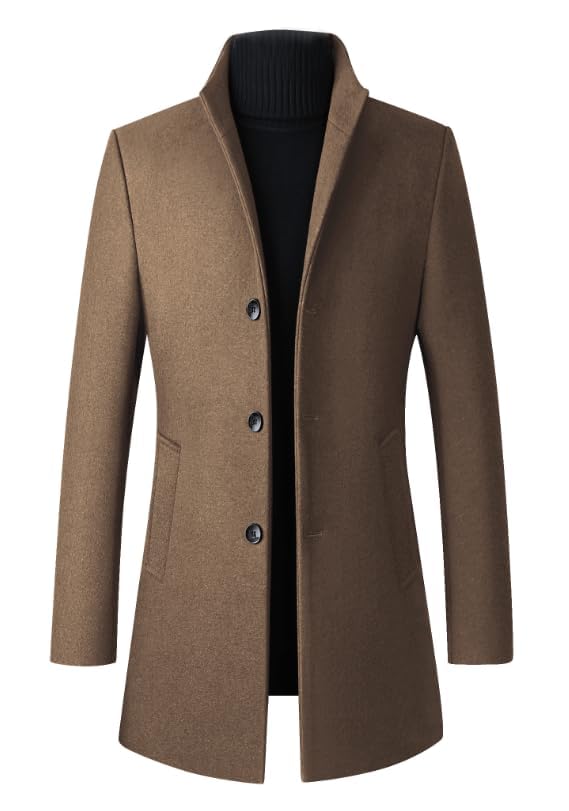 Image of FTCayanz Mens Trench Coat Wool Blend Single Breasted Overcoat | Stand Collar, Fall Slim Fit Top Coat, Winter Warm Coats for Men, Business Work Formal Casual Jacket, Daily Outwear