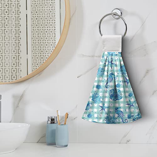 Kwlegh Coastal Starfish Seashells Bathroom Towel Nautical Seahorse Hanging Kitchen Towels Summer Beach Coral Hand Towel With Hanging Loop Soft Absorbent Dish Cloth Fingertip Tie Towels For Bath (2Pcs) #TOP5