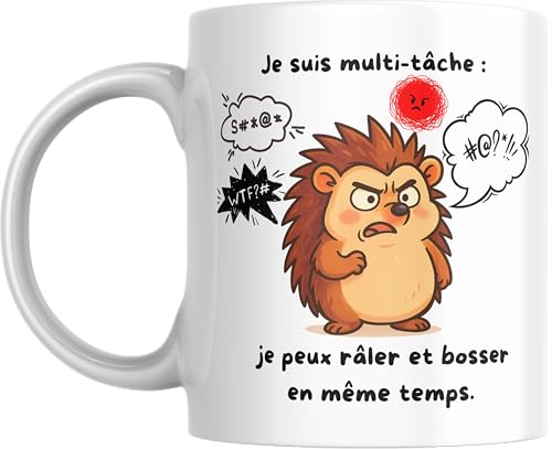 Mug drôle hérisson – « Je suis multi-tâche : je peux râler et bosser en même temps » – Tasse humour bureau, cadeau collègue, ami, famille – Céramique