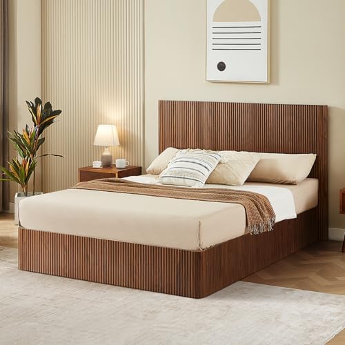 Evermagin Walnut Queen Lift Up Storage Bed Frame, Mid Century Modern Fluted Bed Frame, Wood Hydraulic Queen Size Bedframe with Headboard