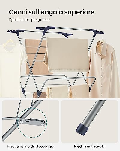 SONGMICS Stendibiancheria Verticale a Torre, Stendino Pieghevole e Salvaspazio, Struttura in Acciaio, 46 x 70,5 x 155 cm, Stenditura di 20 m, Uso Interno ed Esterno, Grigio LLR720G01 - Immagine 4