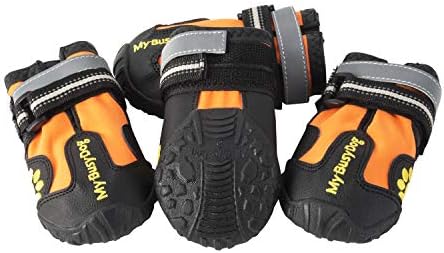My Busy Dog Water Resistant Dog Shoes with Two Reflective Fastening Straps and Rugged Anti-Slip Sole | Dog Boots Perfect for Small Medium Large Dogs | Size Chart in Pictures (Size 6, Orange)