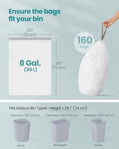 SONGMICS Trash Bags for 8-Gallon (30 L) Trash Cans, 160 Count Drawstring Kitchen Garbage Bags, Quick-Dispense Box, Liner Code H, Cream White UKRB031A04