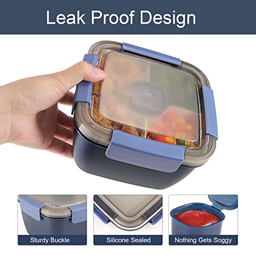 Caperci Salad Container For Lunch To Go - 2-Pack 52 Oz Salad Bowls Bento Lunch Box Container With 4-Compartment Tray, 2-Oz Sauce Container, Reusable Spork & Bpa-Free (Navy & Navy) #TOP2
