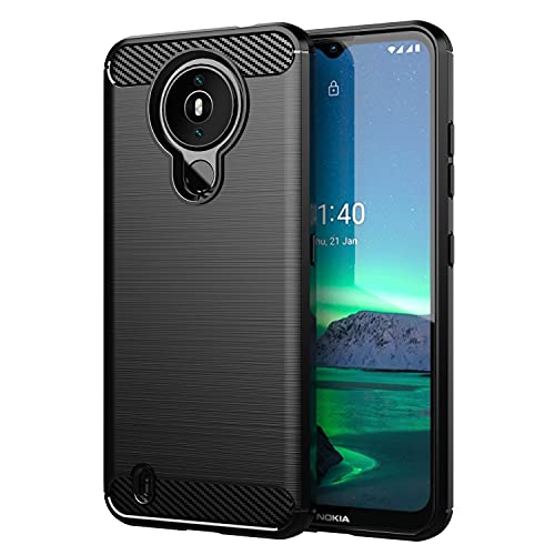 Turboom Schutzhülle für Nokia 1.4, Karbonfaser, weiches TPU, schmal, modisch, Anti-Fingerabdruck, kratzfest und rutschfest, Schutzhülle für Nokia 1.4 (MF-Schwarz) Cover