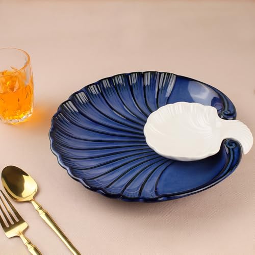 Image of The Earth Store Blue Sea Shell Ceramic Platter Set of 1 | Microwave & Dishwasher Safe Chip and Dip Serving Platter for Snacks, Starter, Fruits, Salad, Sweets & Appetizers