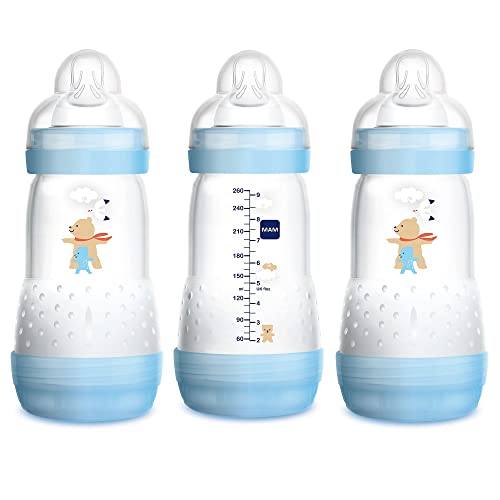 Image of MAM Easy Start Anti-Colic Bottle 9 oz (3-Count), Baby Essentials, Medium Flow Bottles with Silicone Nipple, Baby Bottles for Baby Boy, Blue