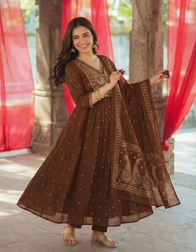 Image of GoSriKi Rust Anarkali Kurta Set for Women with Dupatta | Cotton Kurti Set for Woman | Embroidered Anarkali Suit for Women Kurti Pant Set with Dupatta | Suit Set for Women Latest