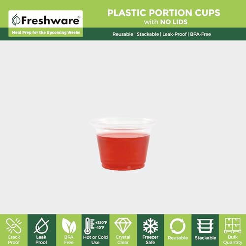 Image of Freshware Plastic Portion Cups (No Lids) [1 Ounce, 250 Count] Disposable Plastic Cups for Meal Prep, Salad Dressing, Jellos Shot Cups, Souffle Cups, Condiment and Dipping Sauce Cups