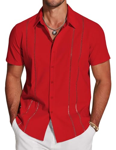COOFANDY Button Down Shirts for Men Short-Sleeve Solid Linen Shirt Casual Summer Beach Shirt Red