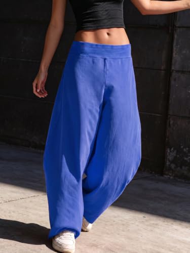 Fisoew Women's Baggy Wide Leg Track Pants Casual Elastic High Waisted Barrel Active Gym Trousers with Pockets Blue — view 5