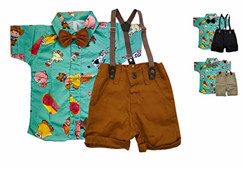 Fazendinha Kit Roupa Conjunto Infantil Menino 4 Peças Camisa Gravata Bermuda e Suspensório Aniversár