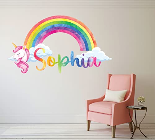 Unicorn Rainbow Wall Decals, Custom Name Wall Decal, Personalized Name Wall Sticker Art, Watercolor Rainbow Unicorn Mural Wall Decal For Girls Bedroom Nursery Decor #TOP5