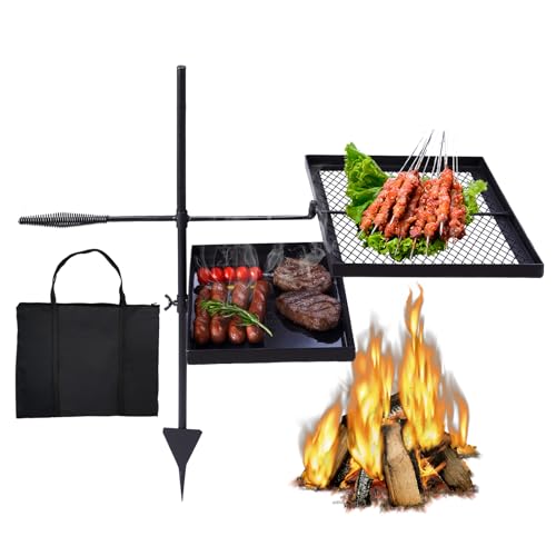 Outvita Swivel Campfire Grill Skillet Combo, Portable Heavy Duty Camping Grill Grate with Height Adjustable Grill Grate and Grill Pan and Carry Bag, Black