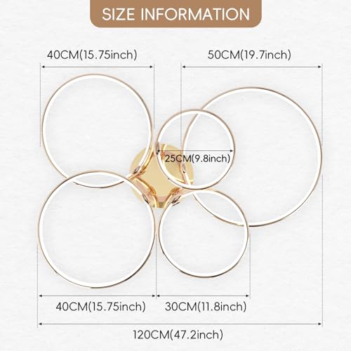 CANEOE Modern Ceiling Light Fixture,Gold Dimmable Led Ceiling Light with Remote Control for Living Room,5 Rings Flush Mount Ceiling Lamp for Living Room Bedroom Kitchen Lighting Fixtures Ceiling by CANEOE - Used condition - Image 6