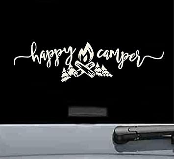 ملصق فينيل Happy Camper من JS Artworks للتخييم والمشي لمسافات طويلة والتخييم ومقطورة RV باللون البيج
