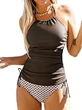 CUPSHE Damen-Tankini-Set, zweiteiliger Badeanzug, hoher Ausschnitt, Neckholder, mittlere Leibhöhe, verstellbare Kordelzüge, Schokoladenbraun/Weiß, S
