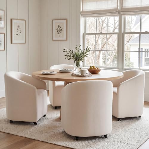 CIMOTA Linen Beige Barrel Dining Chairs with Wheels, Set of 4 — Modern Upholstered Swivel Dining Room Chairs on Casters for Kitchen or Living Room