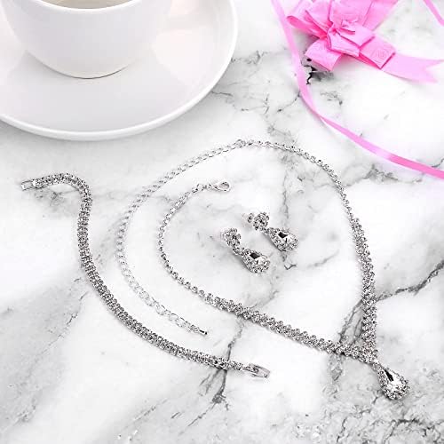 Yolev Rhinestone Bridal Jewelry Set for Wedding Crystal Rhinestone Necklace Teardrop Dangle Earrings Bracelets BridesmaidJewelry Set for Wedding Dress