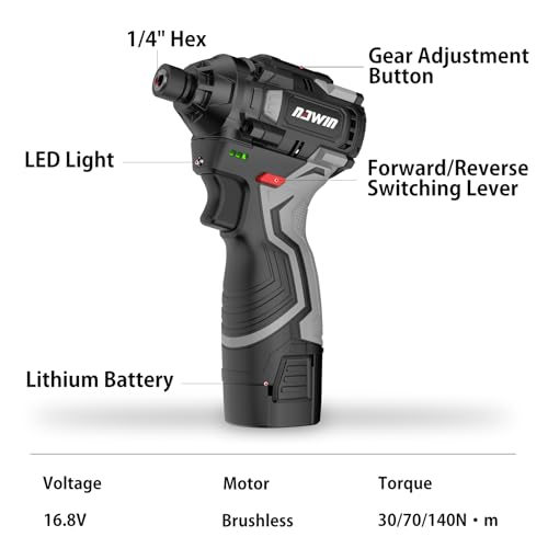 NAWIN Cordless Impact Driver Kit 16.8V Max Torque 140Nm（105ft-lbs）High Rotation Electric Impact Driver Brushless Motor Continuously Variable Rechargeable 1/4" impact driver 2.0Ah Batteries