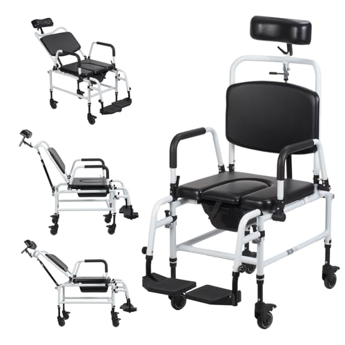 duwiikab キャスター付き便器チェア ポータブルローリングシャワーチェア 調節可能な背もたれ付きシャワー車いす 回転可能なヘッドレスト 取り外し可能なバケツ 高齢者や障がい者用シャワーチェア ブラック