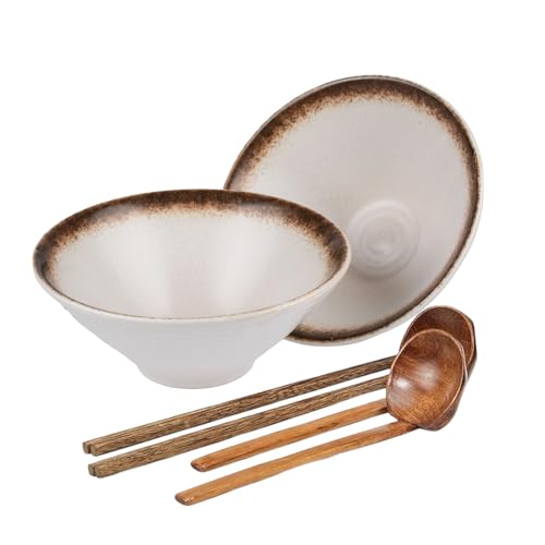 Henrrida 700ml Ceramic Ramen Bowls Set of 2 Japanese Noodle Bowls with Chopsticks and Spoons for Udon Soba Rice Noodles Soup and Salad