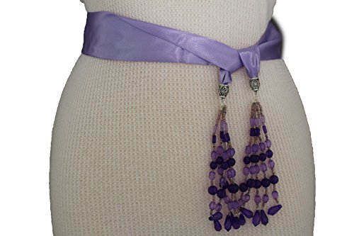 TFJ Women Fashion Silk Fabric Tie Belt Sash Fringes Beads Soft Scarf XS S Lavender3