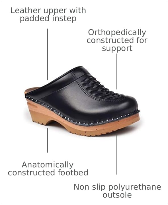 Image of Troentorp Clogs, Wright Bastad Leather Slip On Closed Toe Non Slip Womens Braided Swedish Wooden Clogs